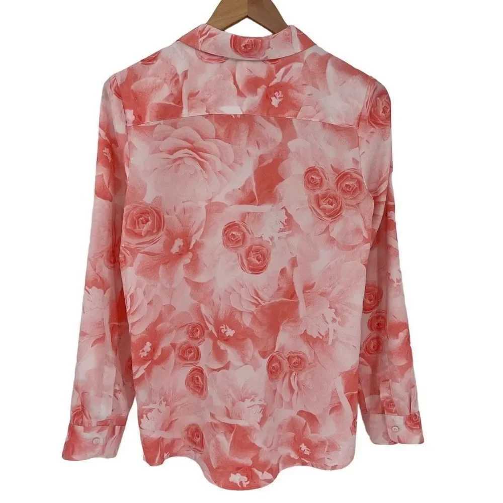Karl‎ Lagerfeld Paris Button Up Long Roll Tab Sleeve Top Floral Pink Women Small - Picture 2 of 5